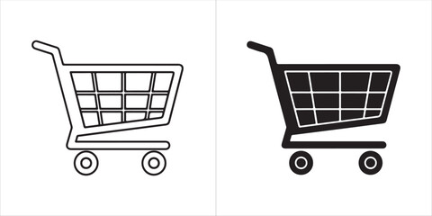 Shopping Cart Icons in Black and White Simple Line Drawing and Solid Fill for Retail and E-commerce