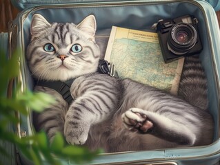 Funny gray tabby cat lying in an open suitcase. Maps and a camera are visible inside the suitcase. Top view. Humorous travel concept, zoo tourism, summer vacation mood, adventures and wanderlust.