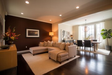 Fototapeta premium Elegant residential interior featuring an open-concept living and dining area