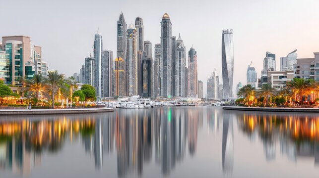 Dubai Marina Skyline: The stunning Dubai Marina skyline is reflected in the tranquil waters below, showcasing modern architecture and urban beauty at twilight.