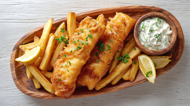 Golden fried fish fillets served with crispy French fries and creamy tartar sauce on wooden platter, garnished with fresh parsley and lemon wedges for delicious meal