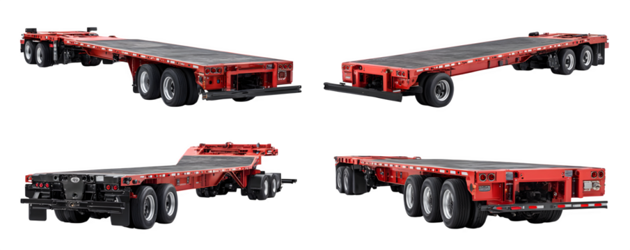 Transparent-Background Realistic Professional Four lowboy trailers aligned commercial stock asset, PNG cutout, ideal for print projects and web banners, royalty-free, content creation