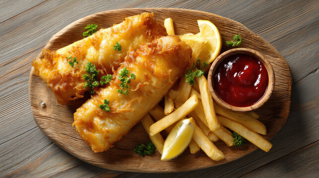 Golden fried fish and crispy French fries served on wooden platter with fresh lemon wedges, parsley garnish, and side of rich red ketchup, creating delicious and comforting meal - Powered by Adobe