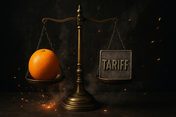 A vintage balance scale weighing an orange against a metal plate labeled "TARIFF," surrounded by sparks and smoke, symbolizing trade and economic concepts.