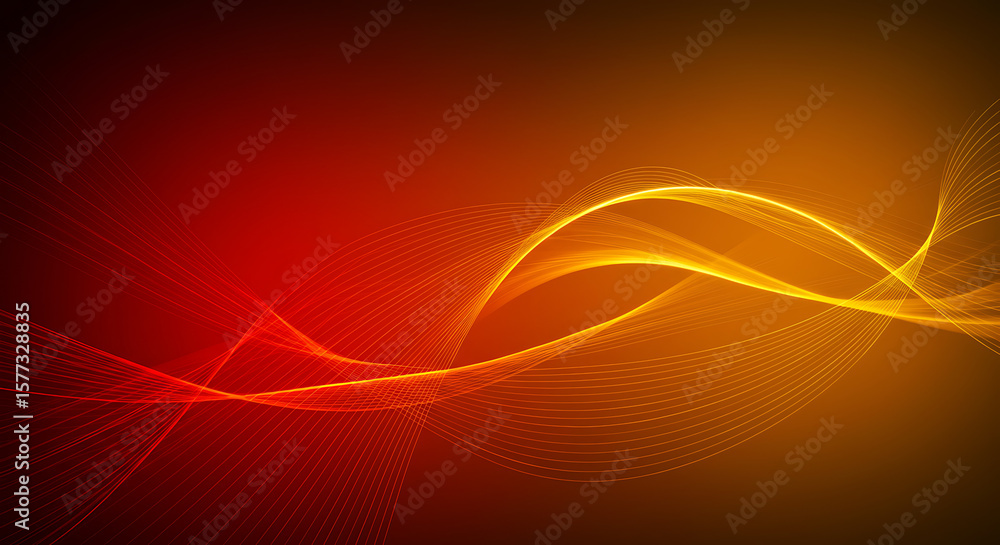 Poster abstract background featuring elegant, flowing waves of light in warm red and orange tones, creating