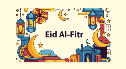Obraz premium Eid Al-Fitr greeting card with crescent moons, stars, lanterns, and mosque elements in a colorful, decorative frame.
