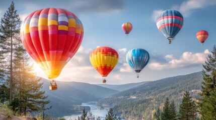 Fototapeta premium Colorful Ascension: A flotilla of vibrant hot air balloons soars gracefully against the backdrop of an awe-inspiring mountain panorama, each balloon a unique beacon of exploration and adventure.