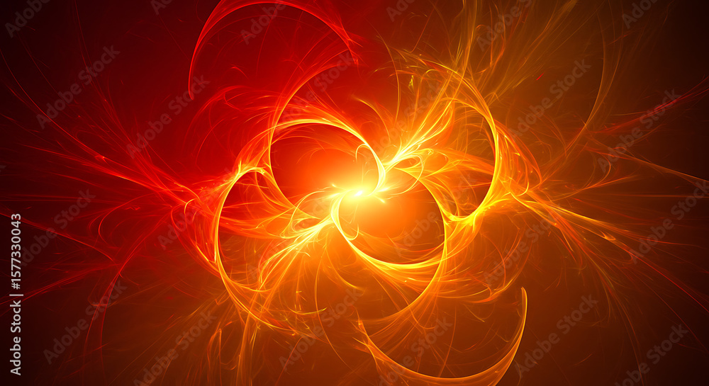 Poster abstract, vibrant fractal with swirling lines in fiery orange and red hues, creating a dynamic and e