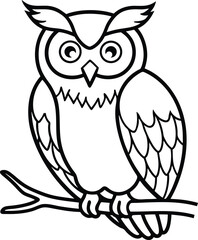 Cute owl character with big eyes on a tree branch, owl vector illustration 