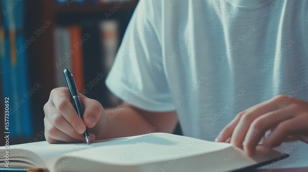 Poster close up of student hands writing notes in an open book while seated at a library table, capturing t