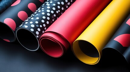Themed Poster Design Background: Vibrant Roll Materials in Red, Yellow, Black with Polka Dot Patterns and Blank Space for Text