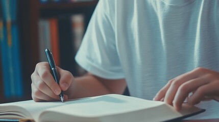 Close up of student hands writing notes in an open book while seated at a library table, capturing the essence of learning, education, and academic focus in a serene environment