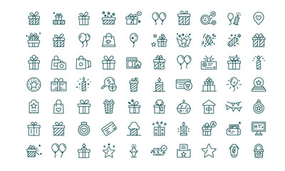 Celebration Icons: Gift Boxes, Balloons, Party Favors, Line Art Graphics