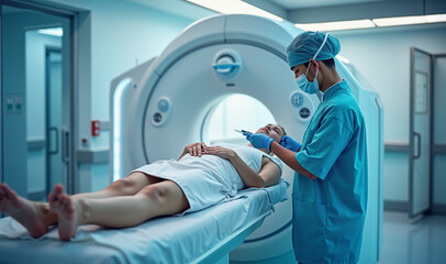 Medical professional preparing a patient for a CT scan in a modern hospital setting, highlighting advancements in healthcare technology and patient care.
