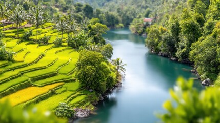 Fototapeta premium Green Rice Terraces meet River: A picturesque aerial view showcasing vibrant rice terraces embracing the banks of a winding river.