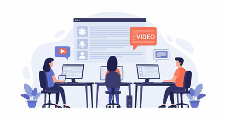 Team Working on Business Video Content – Flat Vector Illustration of Marketers Creating Ads and Social Media Posts on Computers