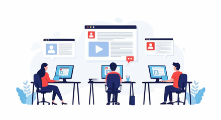 Team Working on Business Video Content – Flat Vector Illustration of Marketers Creating Ads and Social Media Posts on Computers