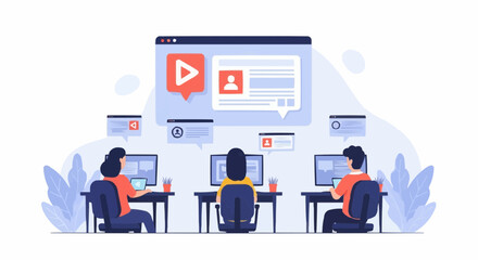 Team Working on Business Video Content &ndash; Flat Vector Illustration of Marketers Creating Ads and Social Media Posts on Computers