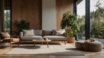 Living room with a mix of Scandinavian and minimalist aesthetics.