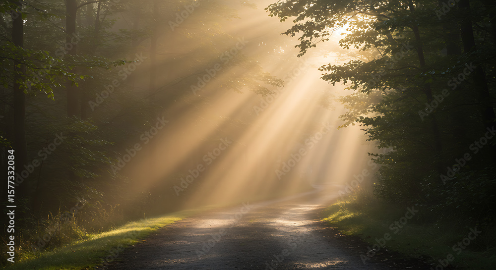 Poster golden sunbeams filtering through the dense canopy into a misty forest, illuminating a path and crea