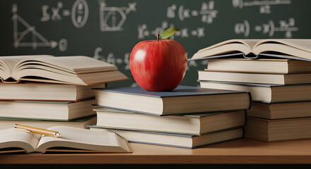 A healthy red apple isolated on a stack of books representing school education and knowledge