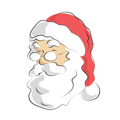 Santa Claus head illustration vector hand drawn with black lines isolated on white background.