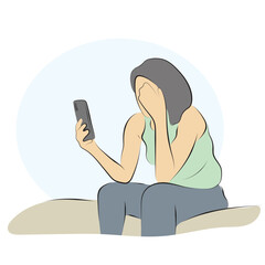 woman holding mobile phone with sadness illustration vector hand drawn with black lines isolated on white background.