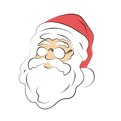 santa claus head with glasses illustration vector hand drawn with black lines isolated on white background.