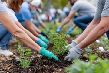 Community members engage in gardening activity at local park during early spring