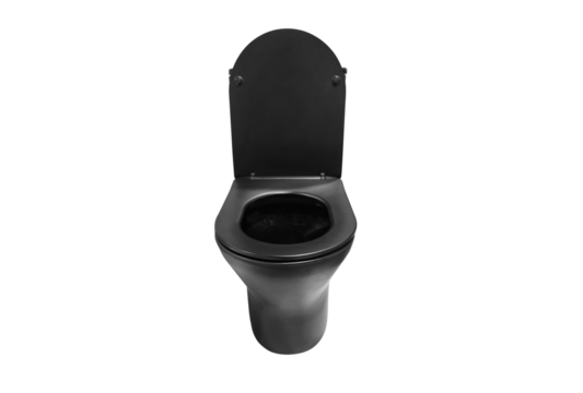 Front view of black toilet bowl with open lid PNG transparent.