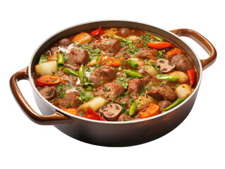 A hearty beef stew with vegetables simmering in a rustic pot, offering a delicious and comforting homemade meal, isolated on transparent background