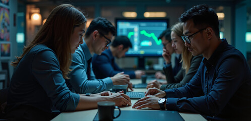 A focused team of professionals analyzing data in a modern workspace, illustrating collaboration and strategy in finance or technology sectors.