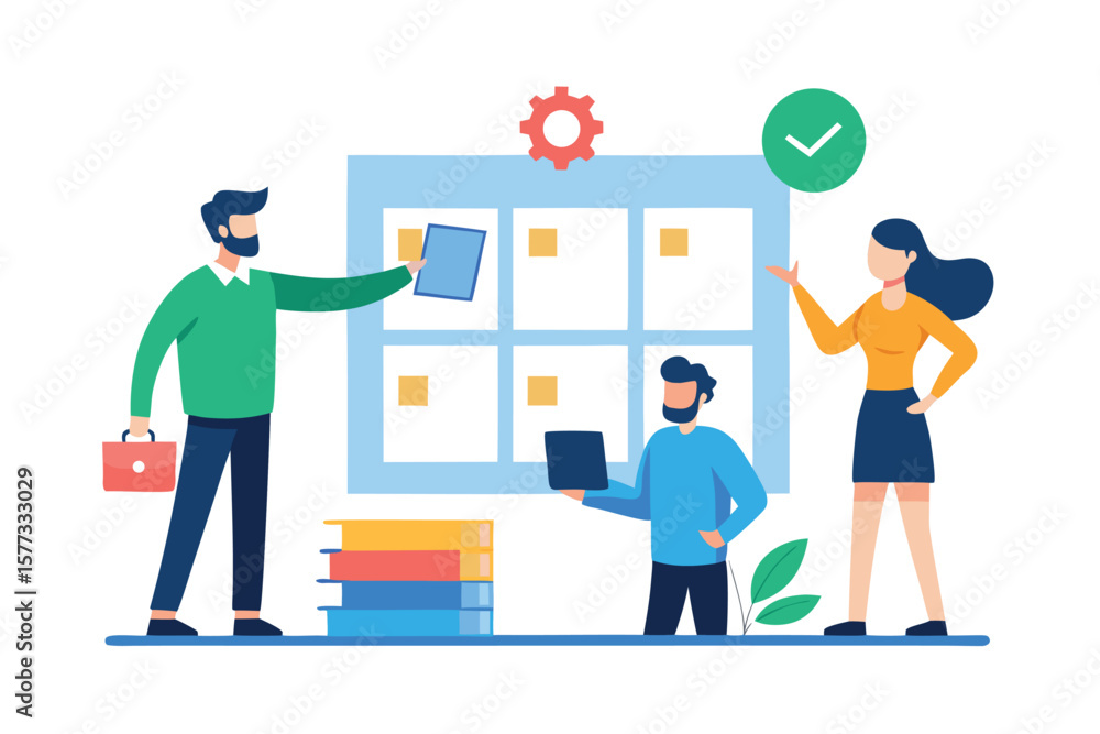 Poster team collaborating on a project using a kanban board and digital tools
