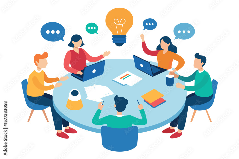 Poster diverse team collaborating around a table with laptops and a bright idea lightbulb