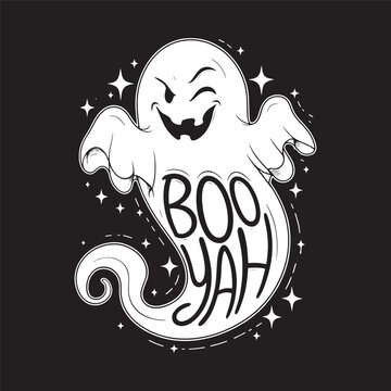 Alternate BOO YAH ghost in cheerful floaty pose and glowing smile. Vector illustration design.