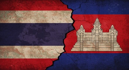 Thailand and Cambodia Flags on Cracked Wall, Symbol of Conflict and Political Tensions. Breakdown of Relations Between Thailand and Cambodia, Geopolitical Struggle and Regional Conflict