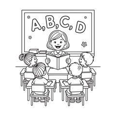 Obraz premium Teacher and kids in classroom learning alphabet on whiteboard. Vector illustration design.