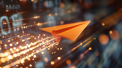 Paper Airplane Breaking Through Digital Barrier in Futuristic Style