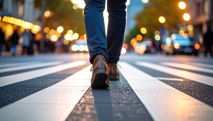 Fototapeta premium City stride: Capturing a moment of urban exploration as a person strides confidently across a zebra crossing. The shot is framed from a low angle, offering a unique perspective on everyday life. 