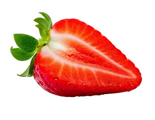 Strawberry fresh natural half isolated side view white background ripe juicy bright red healthy summer sweet fruit close-up detail delicious organic vibrant food snack berry.

