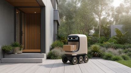Humanoid Robot Delivering Package at Modern House Front Door