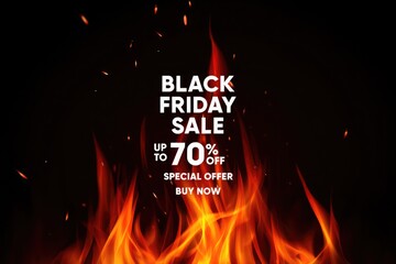 Black Friday Sale Advertisement with Fiery Flames and Up to 70 Percent Off Discount Offer