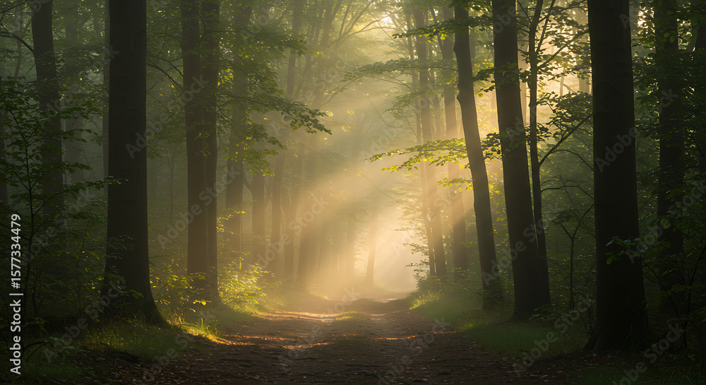 Poster sunbeams piercing through morning mist in a serene forest, illuminating a path and creating an ether