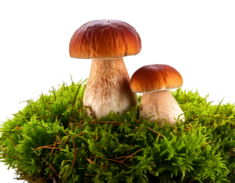 Ceps, also known as porcini mushrooms, rest freshly harvested on vibrant green moss, displayed in a side view against a clean white background, ideal for culinary, natural, and seasonal food concepts.