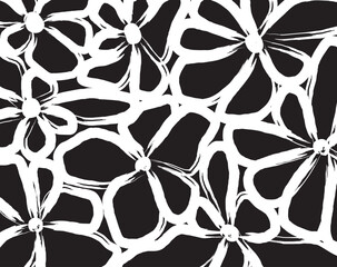  Seamless Floral Brush strokeLine Art Pattern with White Hand-Drawn Petals and Leaves on a Black Background, Ideal for Textile, Wallpaper, or Packaging Design