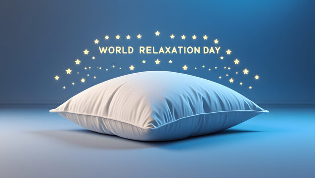“Flat design poster for World Relaxation Day showing a cozy soft white pillow resting on a gradient blue background with tiny glowing stars scattered above, symbolic of rest and peace, clean form. - Powered by Adobe