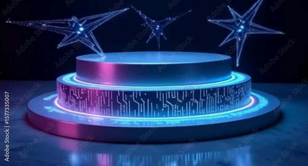 Poster futuristic product display platform with digital circuitry and abstract starry holograms in cyberpun