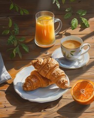 Morning sunlight falls on a wooden table with croissants, espresso, and orange juice. A half-cut orange adds freshness, while green leaves create a calm natural ambiance