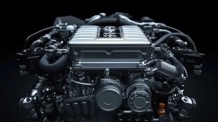 Fototapeta premium Detailed Silver Engine Component with Black Background for Automobiles