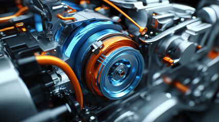 Close Up of Modern Electric Car Engine with Blue and Orange Wiring